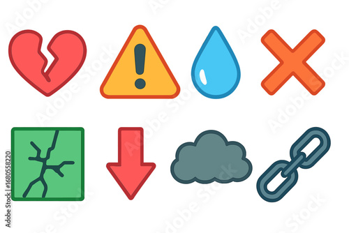 Colorful Bad News Icons. Flat vector mini-illustrations bad news symbols in colors children's illustrations: broken heart, warning