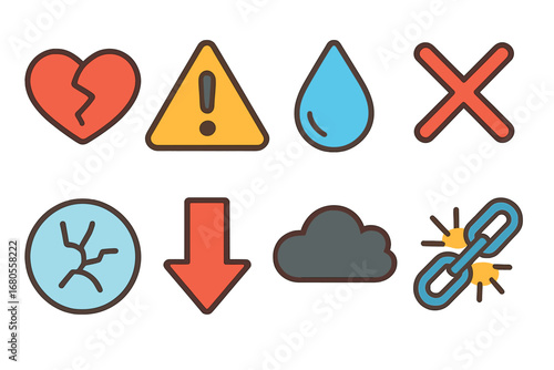 Colorful Bad News Icons. Flat vector mini-illustrations bad news symbols in colors children's illustrations: broken heart, warning