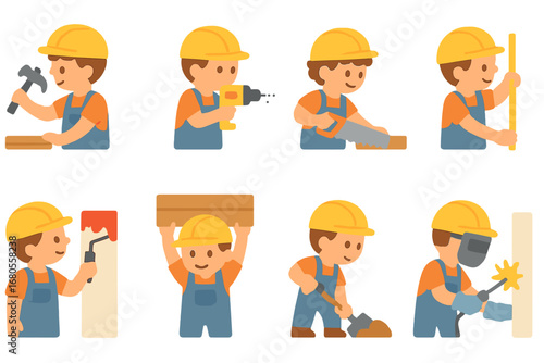 Children's Construction Icons. Flat vector mini-illustrations construction actions in colors children's illustrations: hammering,