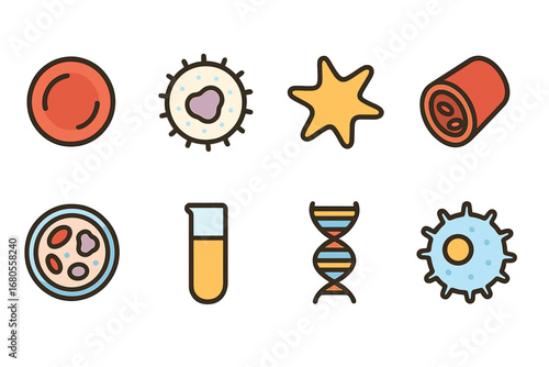 Colorful Blood Icons. Flat vector mini-illustrations blood cells in colors children's illustrations: red blood cell, white blood