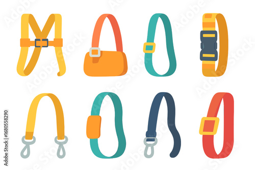 Colorful Buckles and Straps. Flat vector mini-illustrations harness buckles in colors children's illustrations: safety harness,