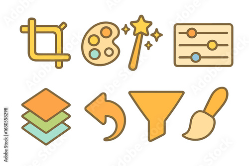 Children's Editing Icons. Flat vector mini-illustrations photo editing in colors children's illustrations: crop tool, color