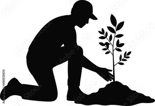 Silhouette of man planting young tree, environmental conservation, gardening, eco-friendly action, reforestation, nature care concept