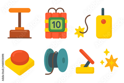 Colorful Detonator Icons. Flat vector mini-illustrations explosive triggers in colors children's illustrations: plunger detonator,