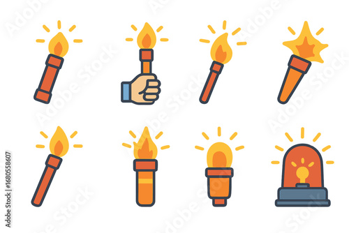 Colorful Flare Signal Icons. Flat vector mini-illustrations flare signals in colors children's illustrations: emergency flare, SOS