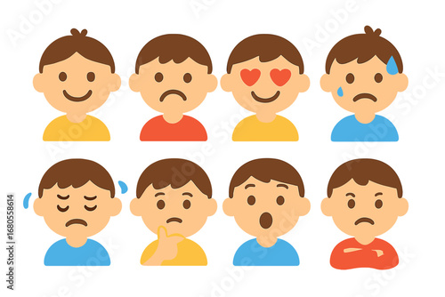 Children's Emotion Icons. Flat vector mini-illustrations emotional reactions in colors children's illustrations: smiling face,
