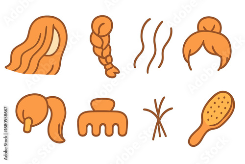 Colorful Hair Icons. Flat vector mini-illustrations loose hair in colors children's illustrations: flowing hair, loose braid, hair