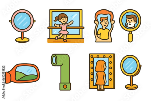 Colorful Mirror Icons. Flat vector mini-illustrations mirror uses in colors children's illustrations: makeup mirror, dance studio