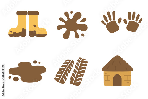 Colorful Muddy Icons. Flat vector mini-illustrations mud in colors children's illustrations: muddy boots, splashing mud, mud
