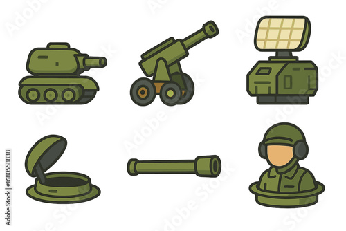 Colorful Military Turrets. Flat vector mini-illustrations military turrets in colors children's illustrations: tank turret,
