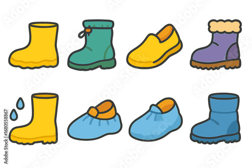 Colorful Overshoe Illustrations. Flat vector mini-illustrations overshoe in colors children's illustrations: rubber overshoes,