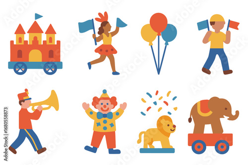 Colorful Parade Illustrations. Flat vector mini-illustrations parade march in colors children's illustrations: floats, dancers,
