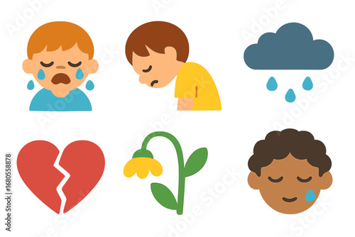 Children's Emotional Icons. Flat vector mini-illustrations emotional pain and sadness in colors children's illustrations: crying
