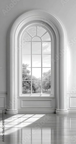 Arch window in a white room. Sunlight streams in