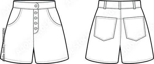 Technical flat sketch of high waisted shorts front and back view with button fly, belt loops, patch pockets, and topstitch details