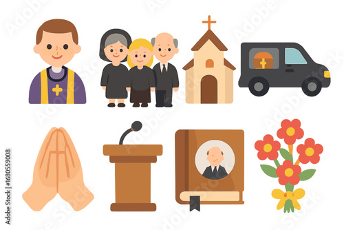 Children's Funeral Icons. Flat vector mini-illustrations funeral ceremony in colors children's illustrations: priest, mourners,