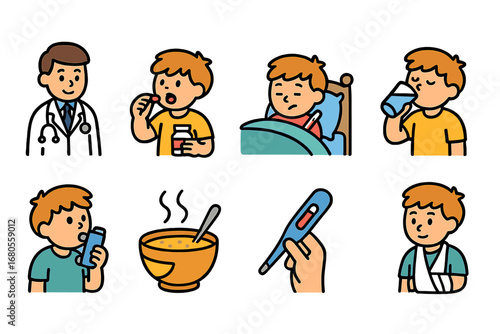 Children's Health Illustrations. Flat vector mini-illustrations disease treatment in colors children's illustrations: doctor visit
