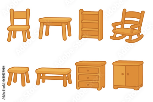 Children's Furniture Icons. Flat vector mini-illustrations wooden furniture in colors children's illustrations: wooden chair,
