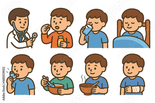 Children's Health Illustrations. Flat vector mini-illustrations disease treatment in colors children's illustrations: doctor visit