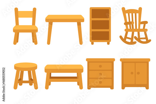 Children's Furniture Icons. Flat vector mini-illustrations wooden furniture in colors children's illustrations: wooden chair,