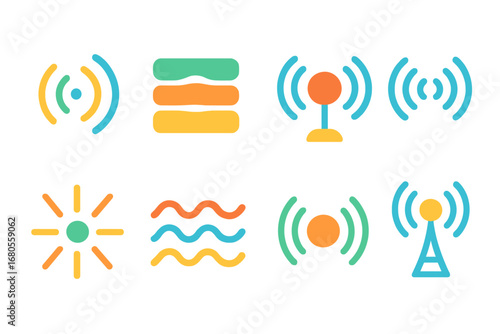 Colorful Radio Waves. Flat vector mini-illustrations radio waves in colors children's illustrations: signal waves, frequency bands