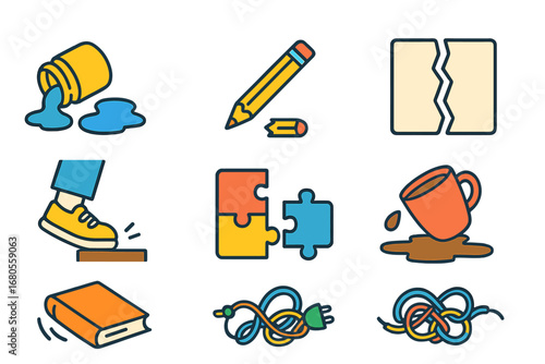 Children's Illustration Mistakes. Flat vector mini-illustrations common mistakes in colors children's illustrations: spilled paint