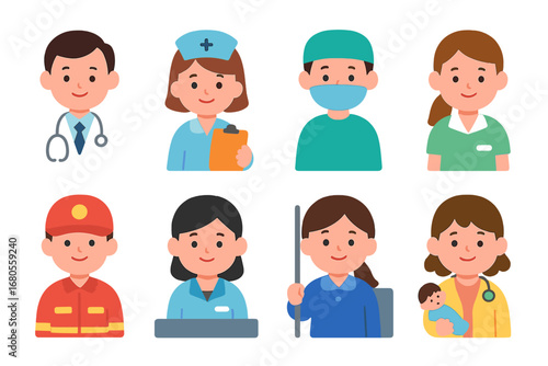 Children's Medical Staff Icons. Flat vector mini-illustrations hospital medical staff in colors children's illustrations: doctor