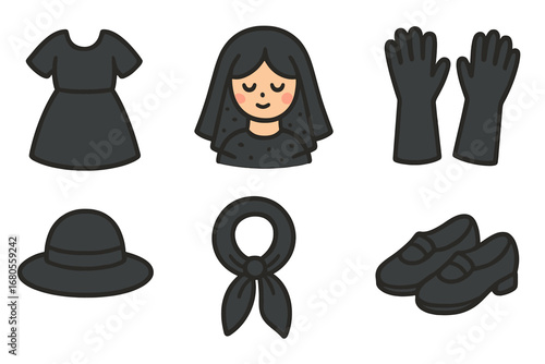 Children's Mourning Attire Icons. Flat vector mini-illustrations mourning attire in colors children's illustrations: black dress,