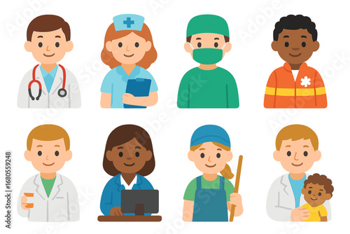 Children's Medical Staff Icons. Flat vector mini-illustrations hospital medical staff in colors children's illustrations: doctor