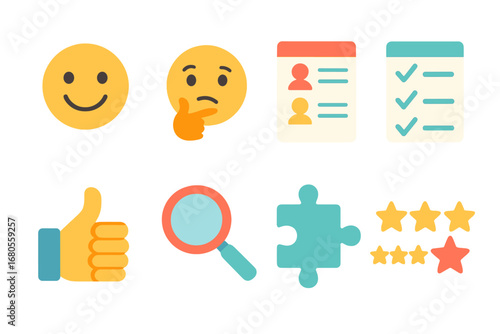 Children's Personality Icons. Flat vector mini-illustrations personality test in colors children's illustrations: smiling face,