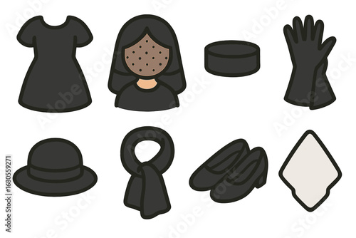 Children's Mourning Attire Icons. Flat vector mini-illustrations mourning attire in colors children's illustrations: black dress,