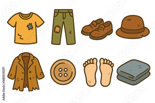 Children's Poverty Icons. Flat vector mini-illustrations poverty and clothing in colors children's illustrations: torn shirt,