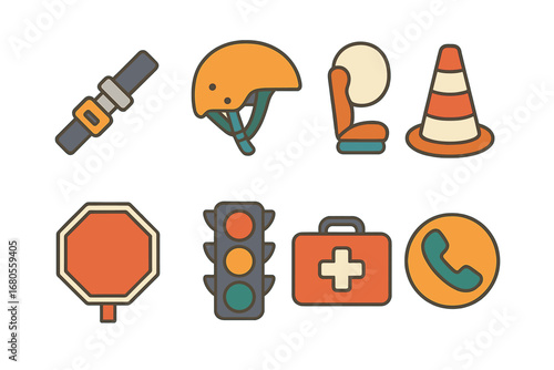 Children's Safety Icons. Flat vector mini-illustrations collision safety in colors children's illustrations: seatbelt, helmet,