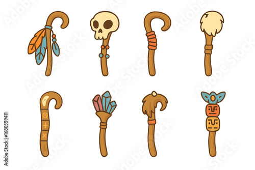 Colorful Shaman Staffs. Flat vector mini-illustrations shaman staffs in colors children's illustrations: staff with feathers,