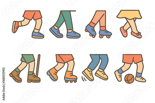 Children's Shoe Activities. Flat vector mini-illustrations shoe activities in colors children's illustrations: running, walking,