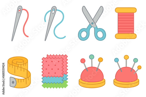 Colorful Sewing Tools. Flat vector mini-illustrations textile needles in colors children's illustrations: sewing needle,