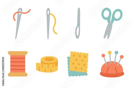 Colorful Sewing Tools. Flat vector mini-illustrations textile needles in colors children's illustrations: sewing needle,