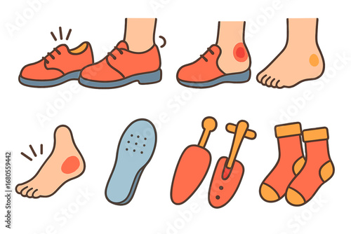 Children's Shoe Fit Issues. Flat vector mini-illustrations shoe fit issues in colors children's illustrations: tight shoe, loose