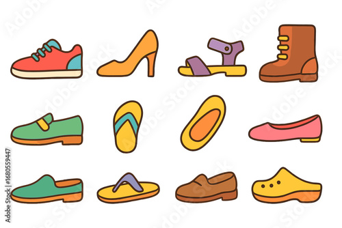 Colorful Shoe Illustrations. Flat vector mini-illustrations shoe types in colors children's illustrations: sneaker, high heel,