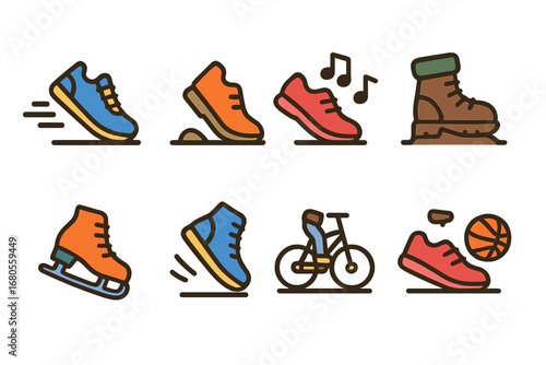 Children's Shoe Activities. Flat vector mini-illustrations shoe activities in colors children's illustrations: running, walking,