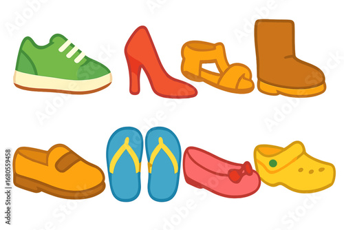 Colorful Shoe Icons. Flat vector mini-illustrations shoe types in colors children's illustrations: sneaker, high heel, sandal,