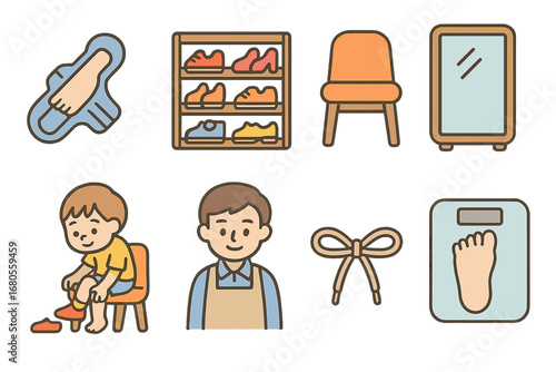 Children's Shoe Fitting. Flat vector mini-illustrations shoe fitting in colors children's illustrations: foot measuring device,