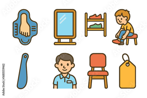 Children's Shoe Fitting Icons. Flat vector mini-illustrations shoe fitting in colors children's illustrations: foot measuring