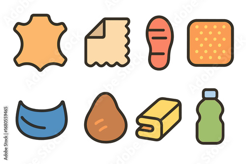 Colorful Shoe Materials. Flat vector mini-illustrations shoe materials in colors children's illustrations: leather, canvas, rubber