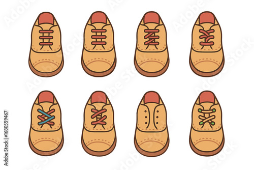 Colorful Shoe Lacing Grid. Flat vector mini-illustrations oxford shoe lacing in colors children's illustrations: straight lacing,