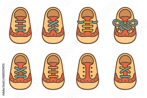 Colorful Shoe Lacing Grid. Flat vector mini-illustrations oxford shoe lacing in colors children's illustrations: straight lacing,