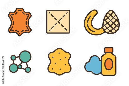 Colorful Shoe Materials. Flat vector mini-illustrations shoe materials in colors children's illustrations: leather, canvas, rubber