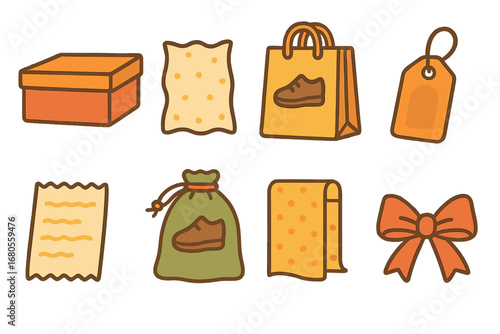 Children's Shoe Packaging Icons. Flat vector mini-illustrations shoe packaging in colors children's illustrations: shoe box,