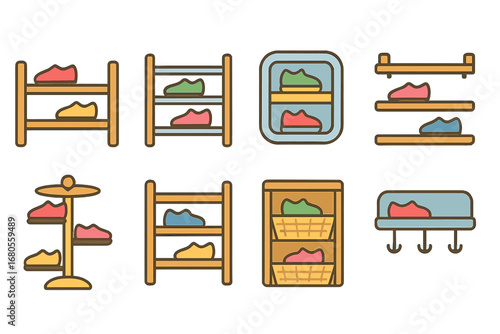Colorful Shoe Racks. Flat vector mini-illustrations shoe rack in colors children's illustrations: wooden shoe rack, metal shoe