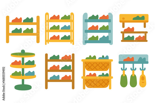Colorful Shoe Racks. Flat vector mini-illustrations shoe rack in colors children's illustrations: wooden shoe rack, metal shoe